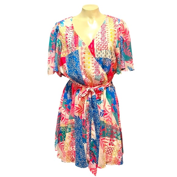 Flying Tomato Blue and Pink Wrap Mini Dress - Picture 1 of 9